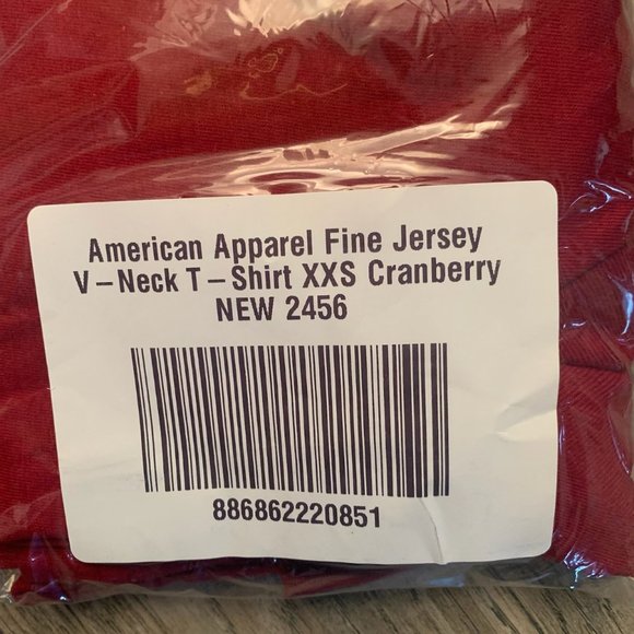 NWT AMERICAN APPAREL FINE JERSEY SHORT SLEEVE V-NECK T-SHIRT CRANBERRY XXS, MED. - Picture 4 of 8